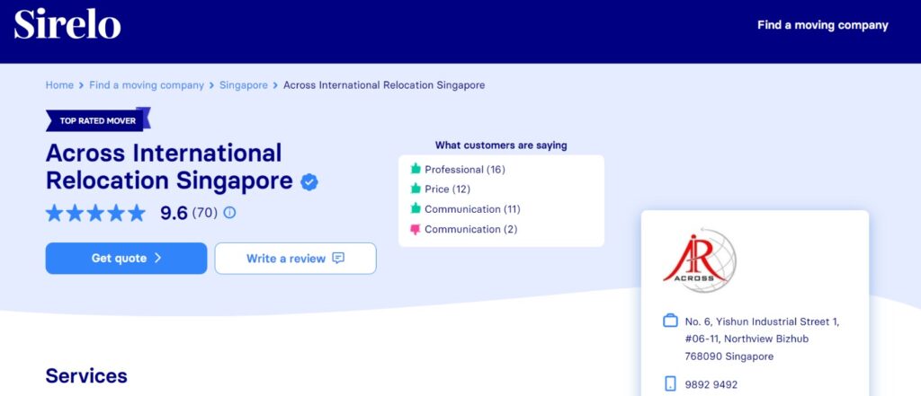 Sirelo Reviews, Across International Relocation Singapore Pte Ltd