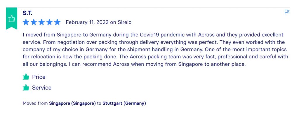 Sirelo Reviews, Across International Relocation Singapore Pte Ltd