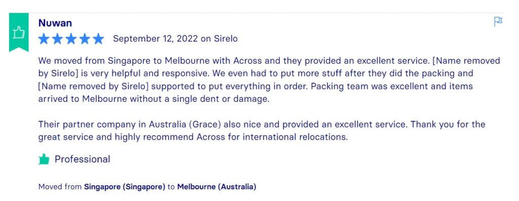 Sirelo Reviews, Across International Relocation Singapore Pte Ltd