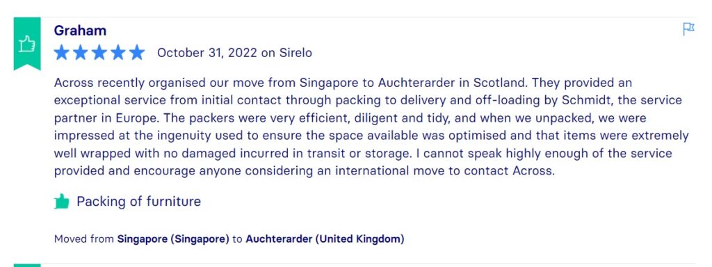 Sirelo Reviews, Across International Relocation Singapore Pte Ltd