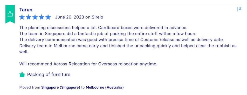 Sirelo Reviews, Across International Relocation Singapore Pte Ltd