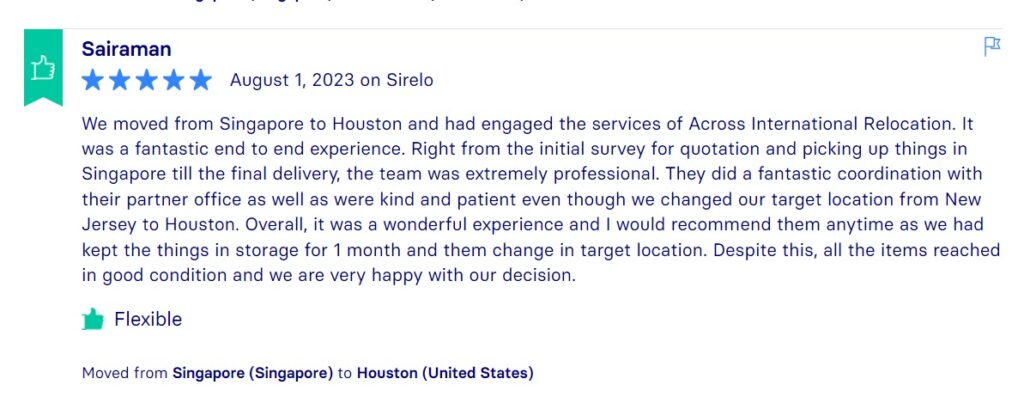 Sirelo Reviews, Across International Relocation Singapore Pte Ltd