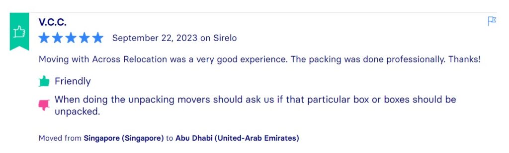 Sirelo Reviews, Across International Relocation Singapore Pte Ltd